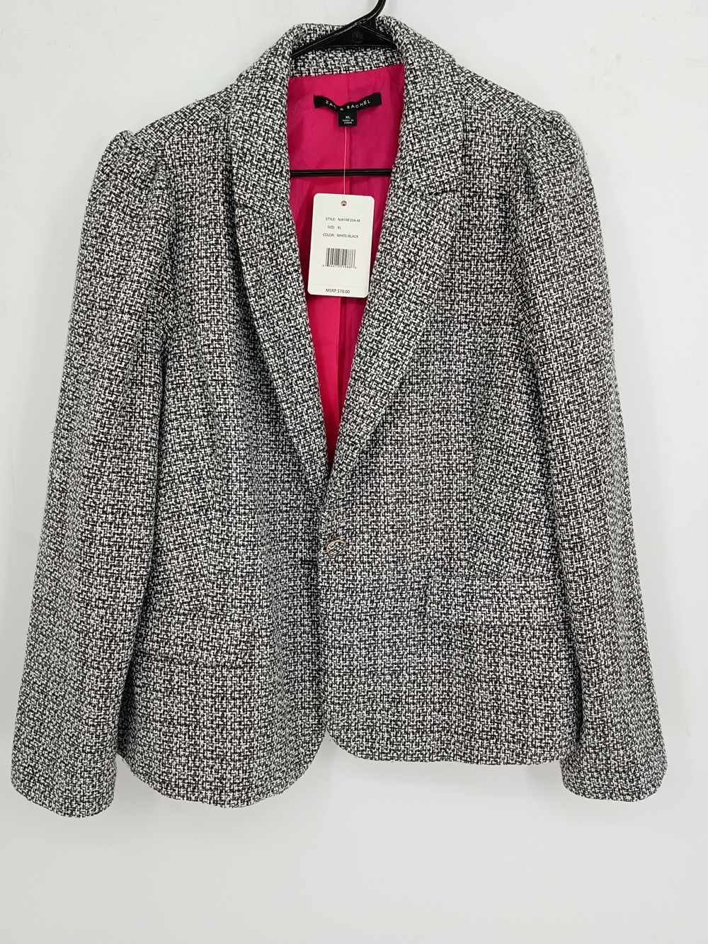 Zac & Rachel Black and White Tweed Blazer w Pockets Hot Pink Lining Y2K Size XL